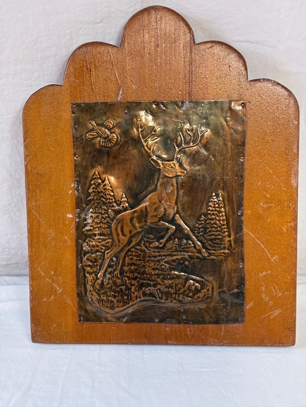 Vintage Wooden Wall Hanging with Copper Stamped Deer Scene